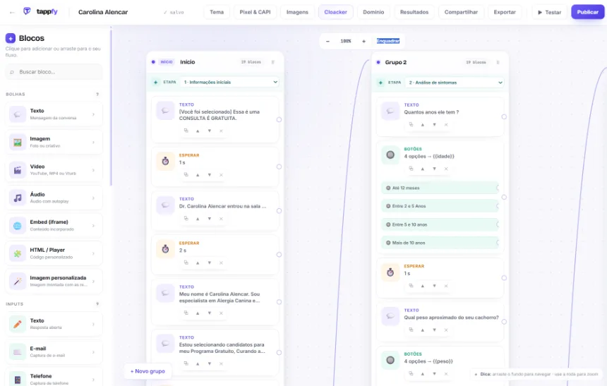 Construtor de fluxos da Tappfy com os grupos de blocos de um funil de saúde.